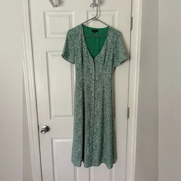 green emerald velvet dress 1.STATE Short Sleeve Folk Silhouette Floral Button Front Dress Fresh Grass  14 at Amazon Women's Clothing store main image 1